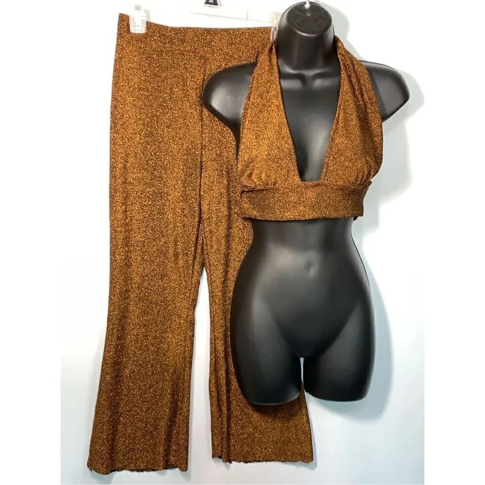 Shein SXY Women's Metallic Wrap Top And Palazzo Pant Set Tan & Black Medium